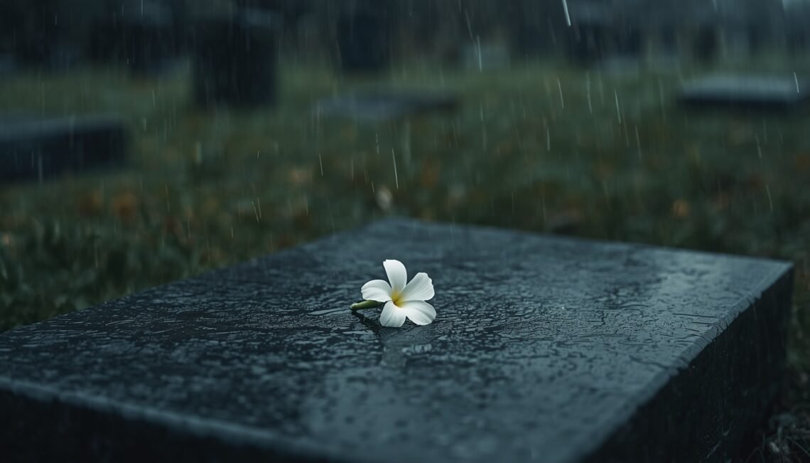 What We Carry When We Say Goodbye - a single flower placed at a gravesite in the rain