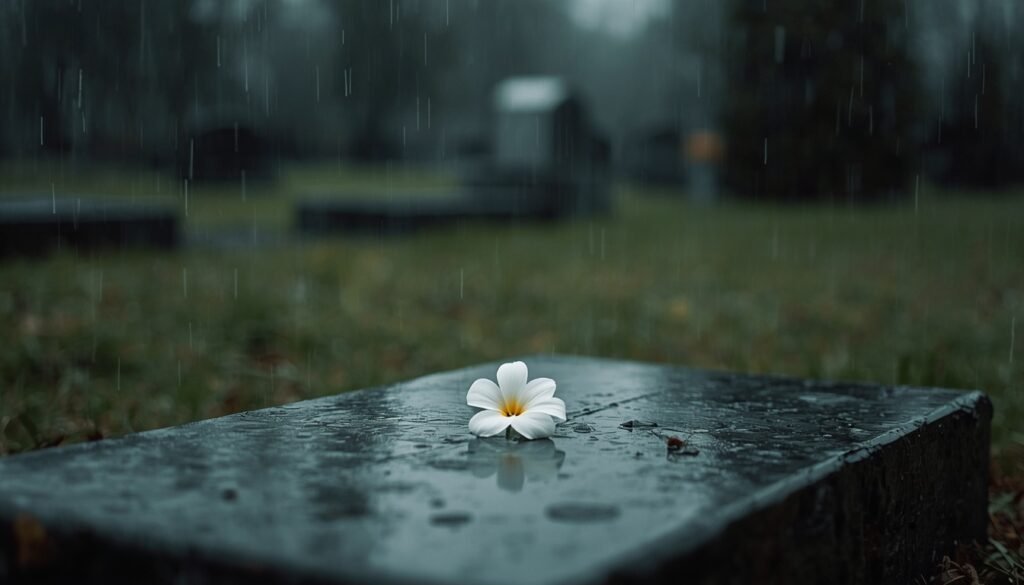 lucid origin 1. A single white flower resting on wet stone at a quiet gravesite soft rain fal 2